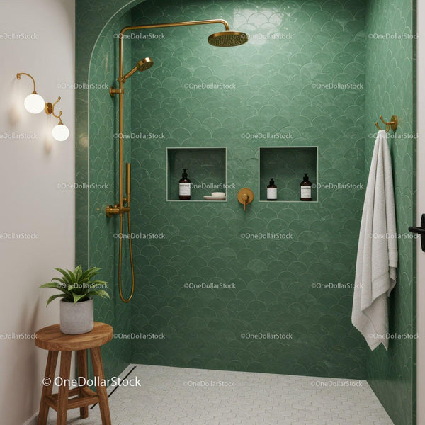 Modern bathroom with green tiled walk in shower