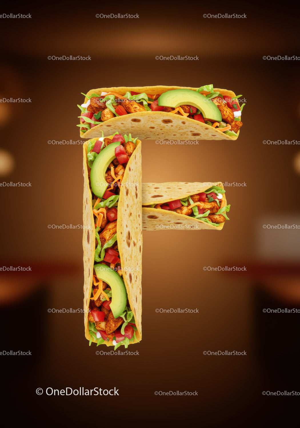 Tasty tacos arranged to form letter F on brown background
