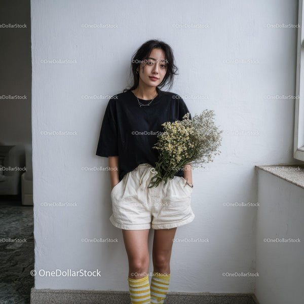 Chic Young Woman Holding Flowers in Indoor Casual Scene