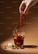 Pouring Iced Coffee with Coffee Beans on Brown Surface