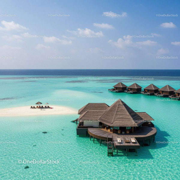 Overwater Bungalows at Tropical Resort on Blue Ocean with White Beach