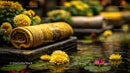 Serene Outdoor Spa Scene with Yellow Towel and Water Lilies