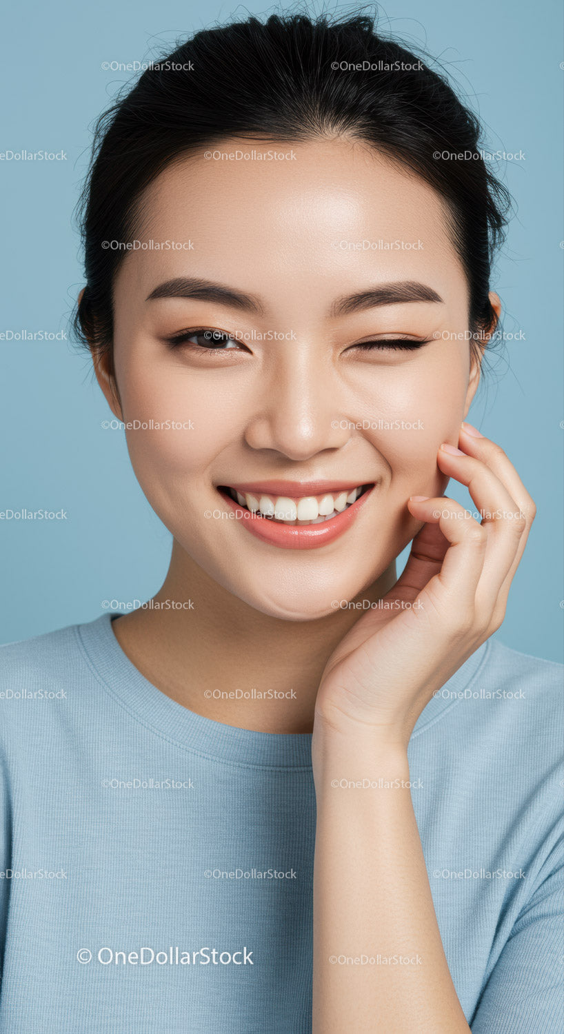 Young Smiling Woman with Clear Skin in Casual Blue Top