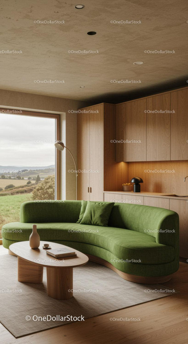 Cozy living room with curved green sofa and natural light