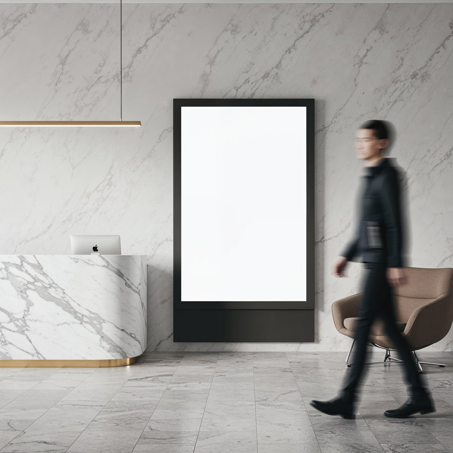 Modern marble reception area with blank digital display