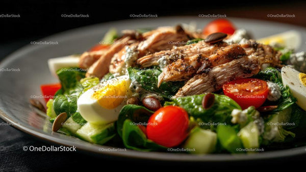 Fresh Chicken Salad with Cherry Tomatoes and Boiled Egg Stock Photo Bundle (24 JPG Files)