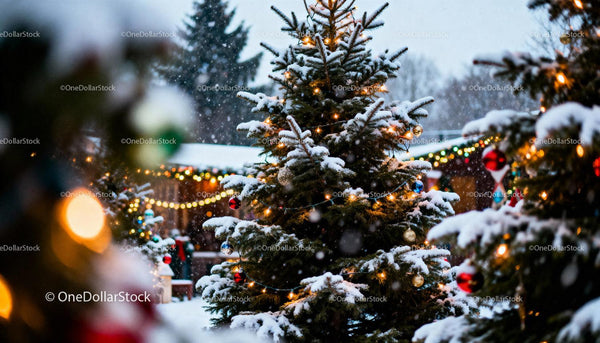 Snow-covered Christmas trees glowing with festive lights