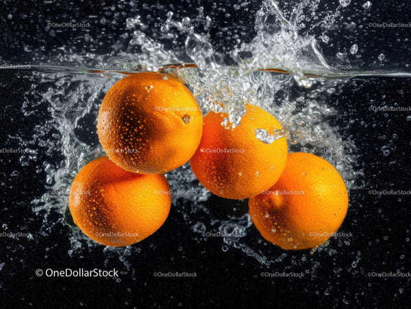 Żywe Pomarańcze Rozbryzgujące Wodę Tworzące Soczystą, Orzeźwiającą Scenę