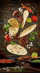 Floating grilled steak and tortillas with fresh salsa ingredients