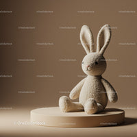 Soft plush bunny toy seated on round pedestal