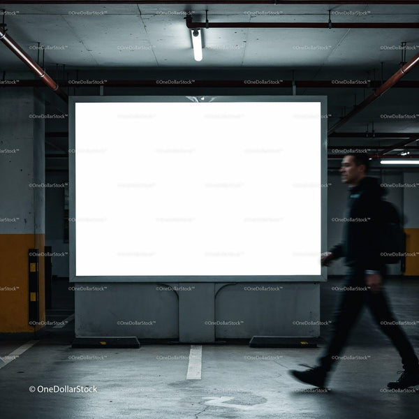 Man walking past illuminated blank billboard in parking garage JPG Mockup Image