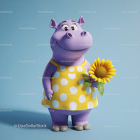 Cute Cartoon Hippo Holding Sunflower in Yellow Dress for Kids Illustration