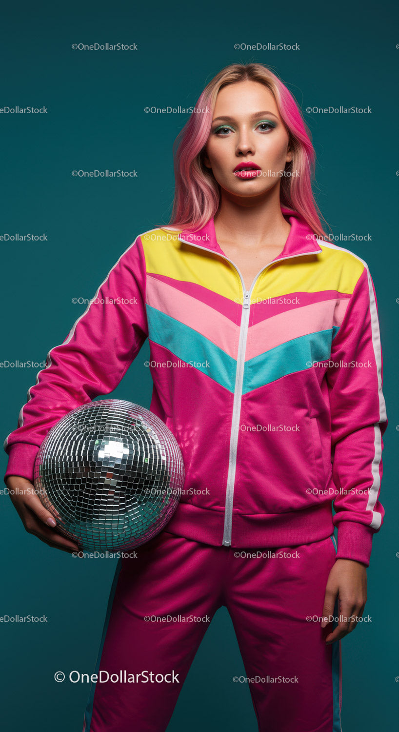 Vibrant Female Model in Colorful Tracksuit with Disco Ball
