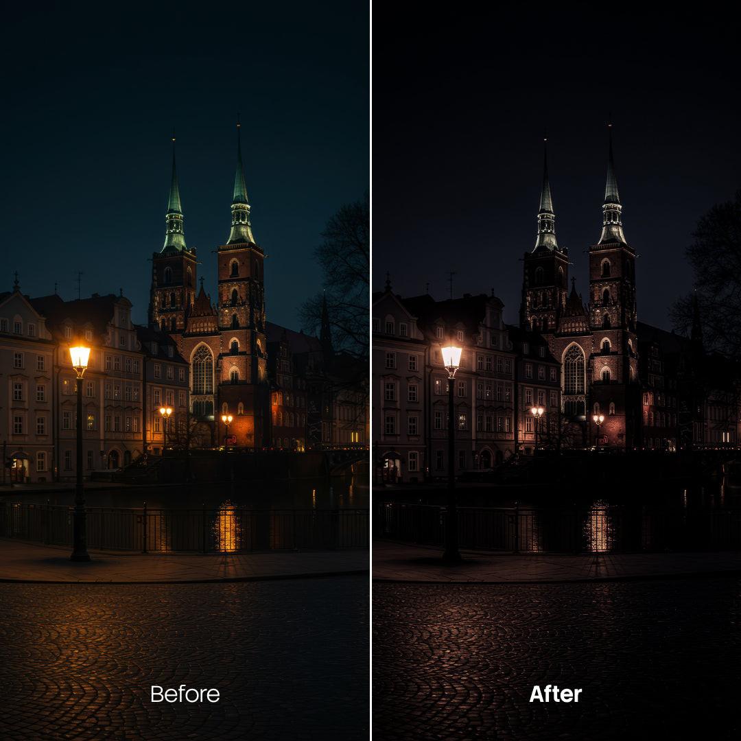 Before and after Melancholic City LUT Pack effect