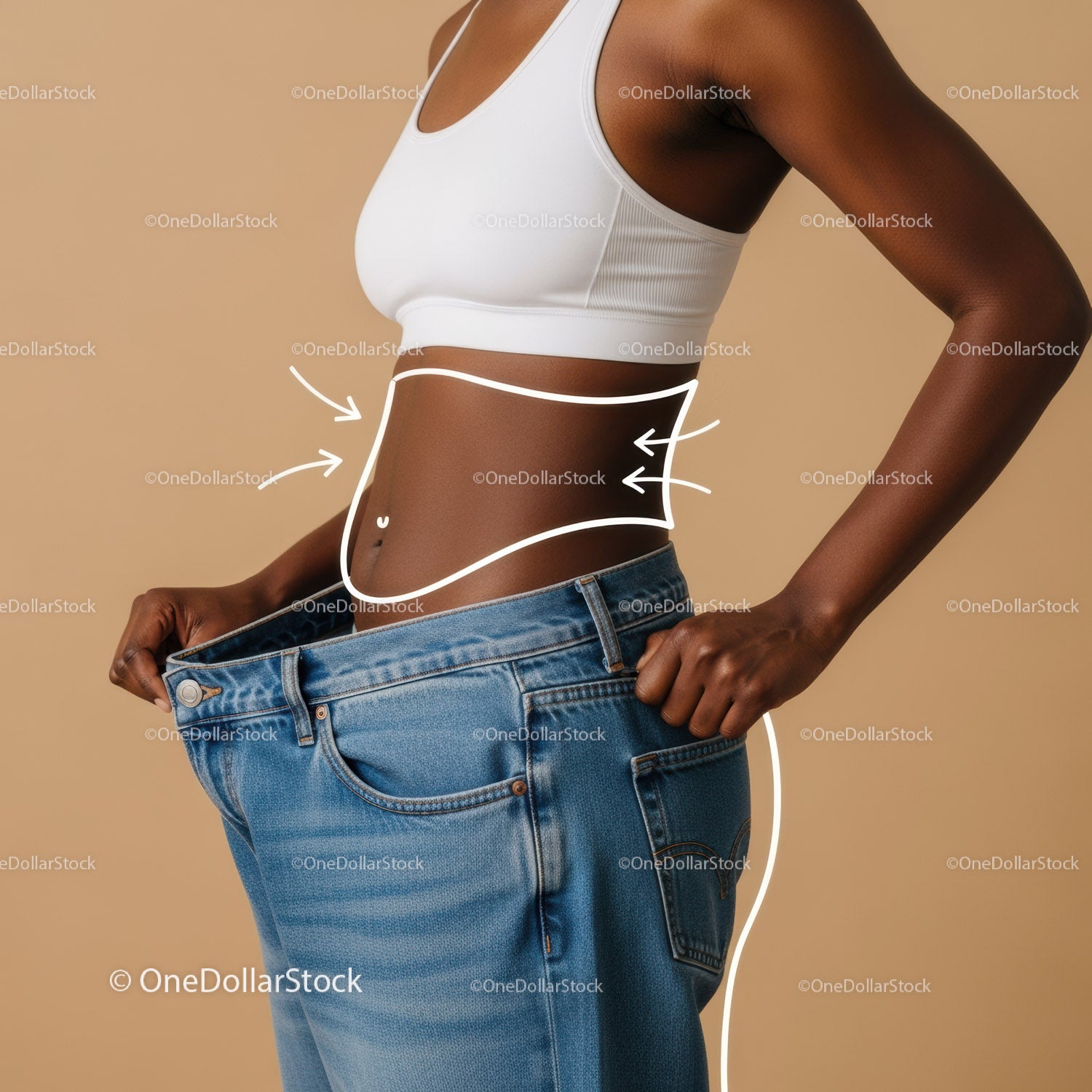 Slim Waist Measurement of Fit African American Woman in Casual Jeans