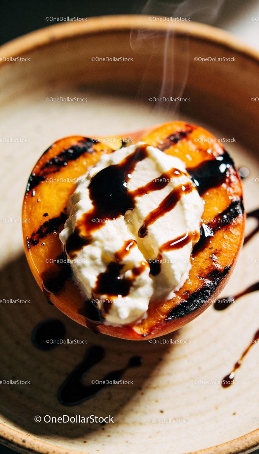 Grilled Peach with Cream and Balsamic Drizzle