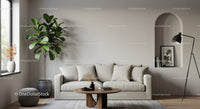 Cozy minimalist living room with natural light and plants