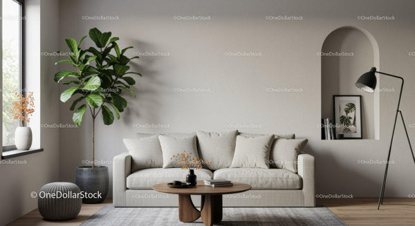 Przytulny minimalistyczny salon z naturalnym światłem i roślinami