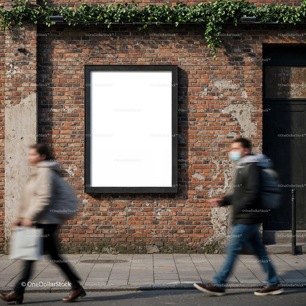 Blank Advertising Board on Urban Brick Wall with Passersby JPG Mockup Image