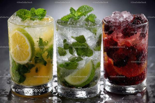 Assorted Refreshing Summer Cocktails with Fruit and Mint