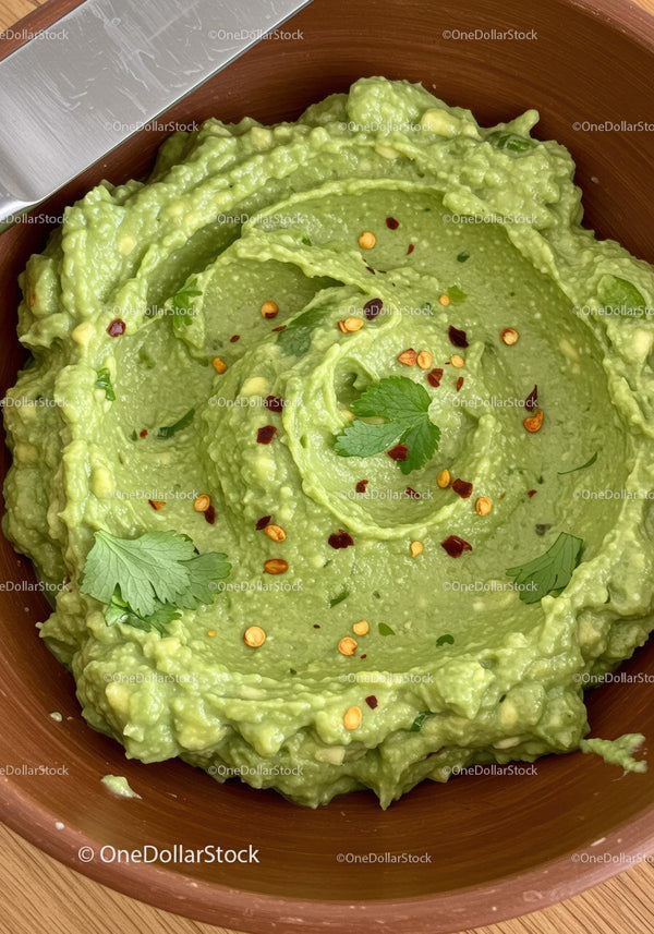 Świeże guacamole z płatkami chili i ozdobą z kolendry