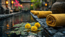 Serene Outdoor Spa Scene with Yoga Mats and Yellow Flowers