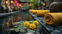 Serene Outdoor Spa Scene with Yoga Mats and Yellow Flowers