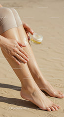 Woman Applying Sunscreen Lotion on Legs at Sunny Beach