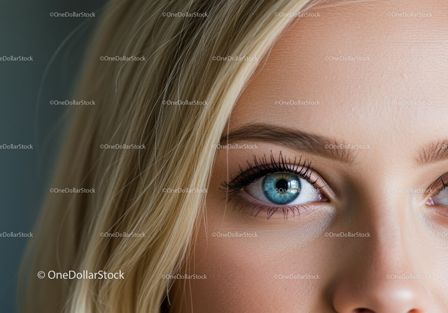 Close-up of blue eye with natural makeup and blonde hair