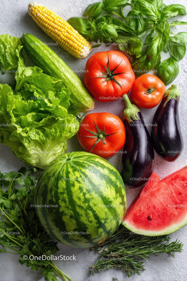 Fresh Organic Vegetables and Fruits with Basil and Watermelon