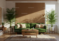 Bright modern living room with green sofa and natural light