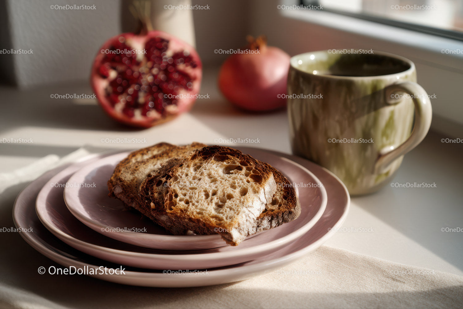 Fresh Sliced Bread and Fruits with Coffee Mug in Cozy Kitchen