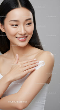 Asian Woman Smiling Applying Cream for Clear Skin in Beauty and Skincare