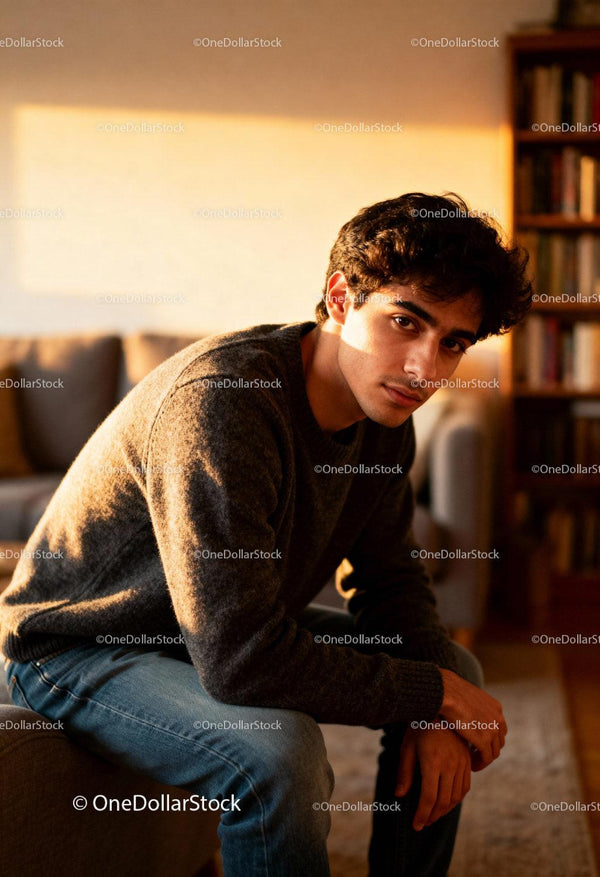 Young man sitting thoughtfully in cozy living room
