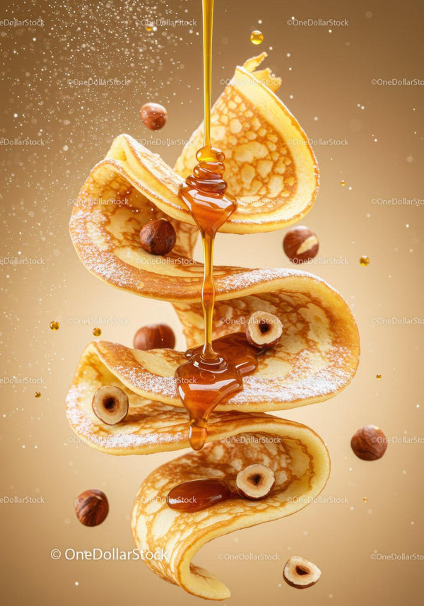 Golden pancakes with hazelnuts and flowing syrup