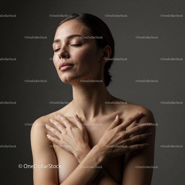 Peaceful young woman embracing herself with eyes closed