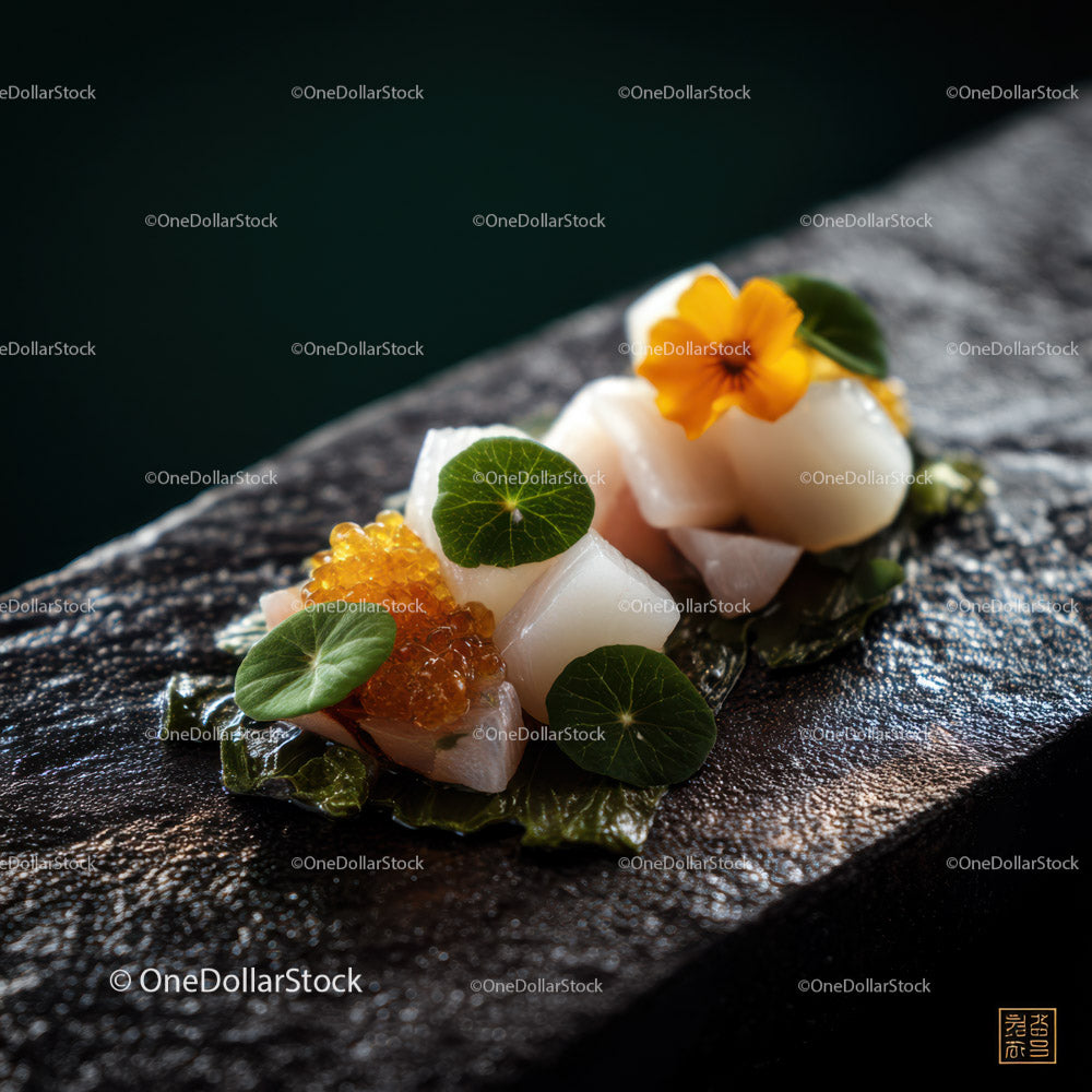 Elegant Sushi Platter with Edible Flowers and Roe in Fine Dining Style