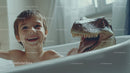 Joyful Child Playing with Dinosaur Toy During Bath Time