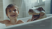 Joyful Child Playing with Dinosaur Toy During Bath Time