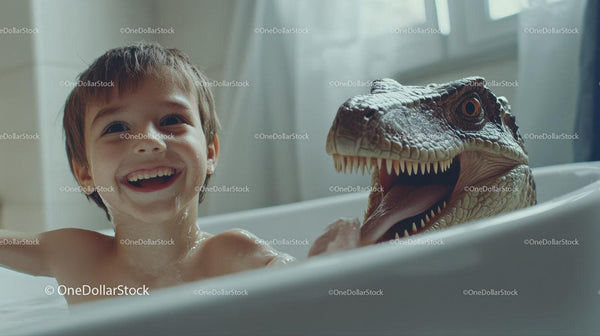 Happy Boy and Dinosaur Toy in Bathtub