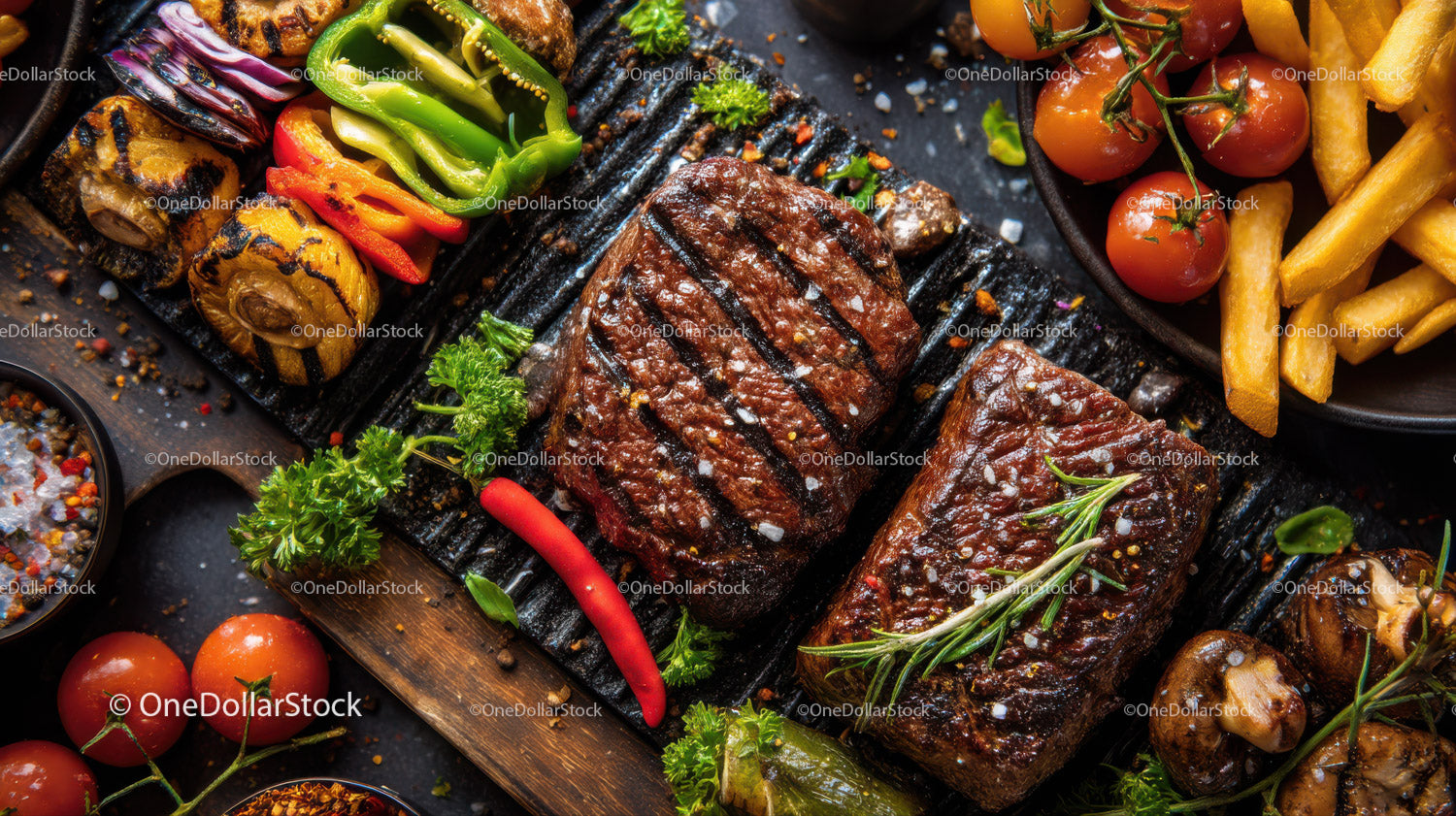 Grilled Beef Steaks with Cherry Tomatoes and French Fries