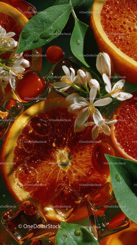 Fresh Orange Slices and Blossoms with Vibrant Green Leaves