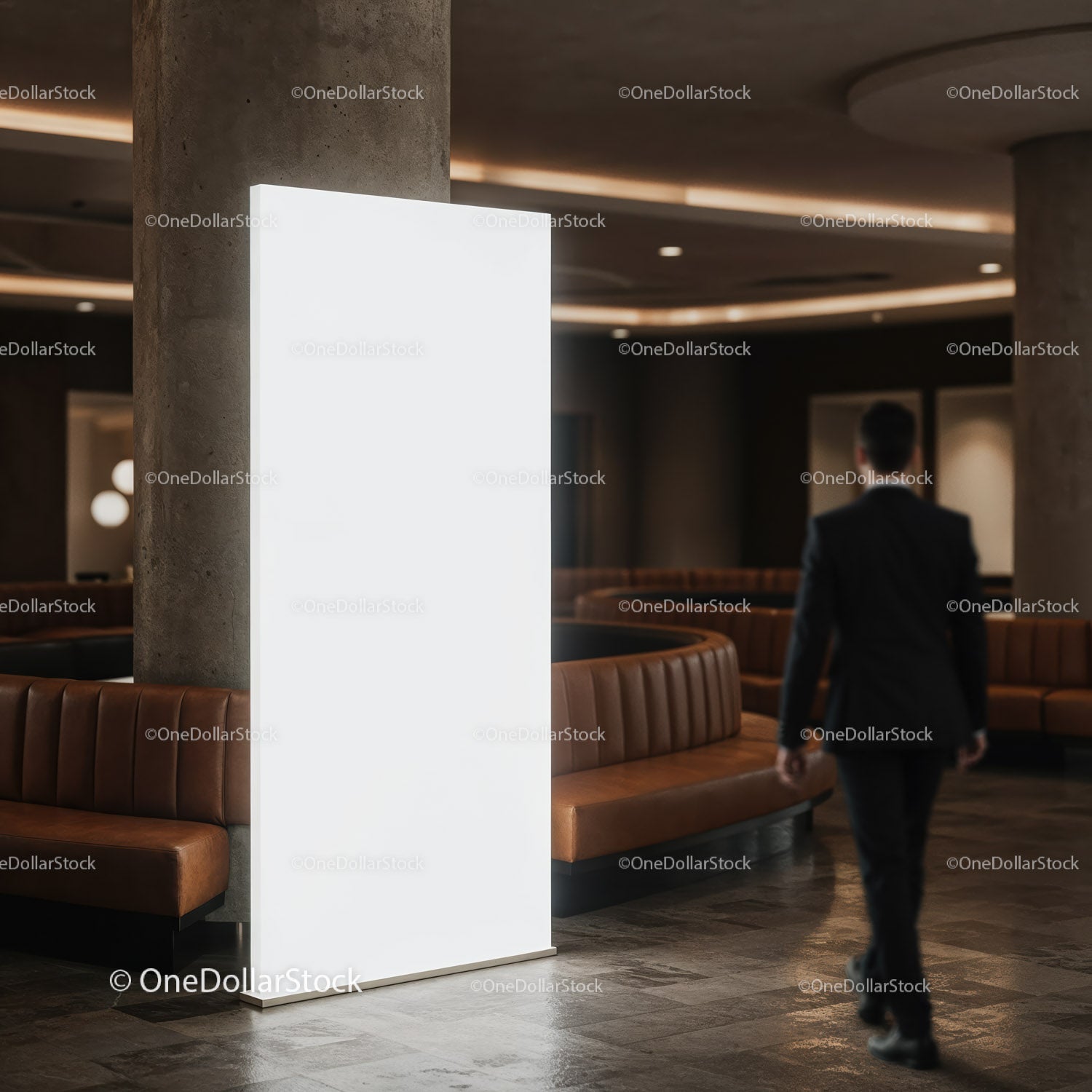 Nowoczesne lobby z podświetlanym, pustym panelem reklamowym