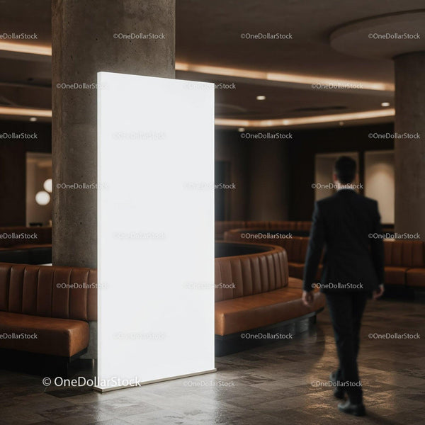 Modern lobby with illuminated blank advertising panel JPG Mockup Image