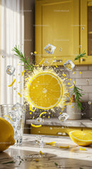 Fresh lemon slice with ice and rosemary splash