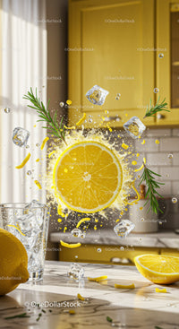 Fresh lemon slice with ice and rosemary splash