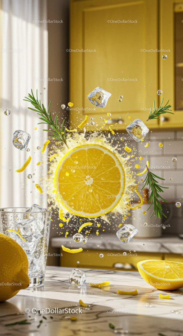 Fresh lemon slice with ice and rosemary splash