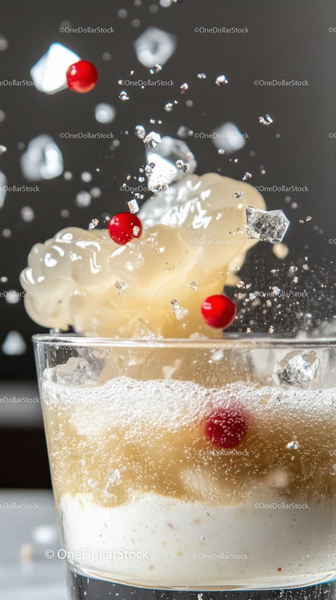 Explosive Carbonated Beverage Splash with Ice and Berries