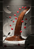 Flowing chocolate with floating raspberries and dishes