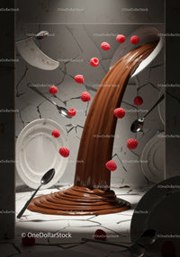 Flowing chocolate with floating raspberries and dishes